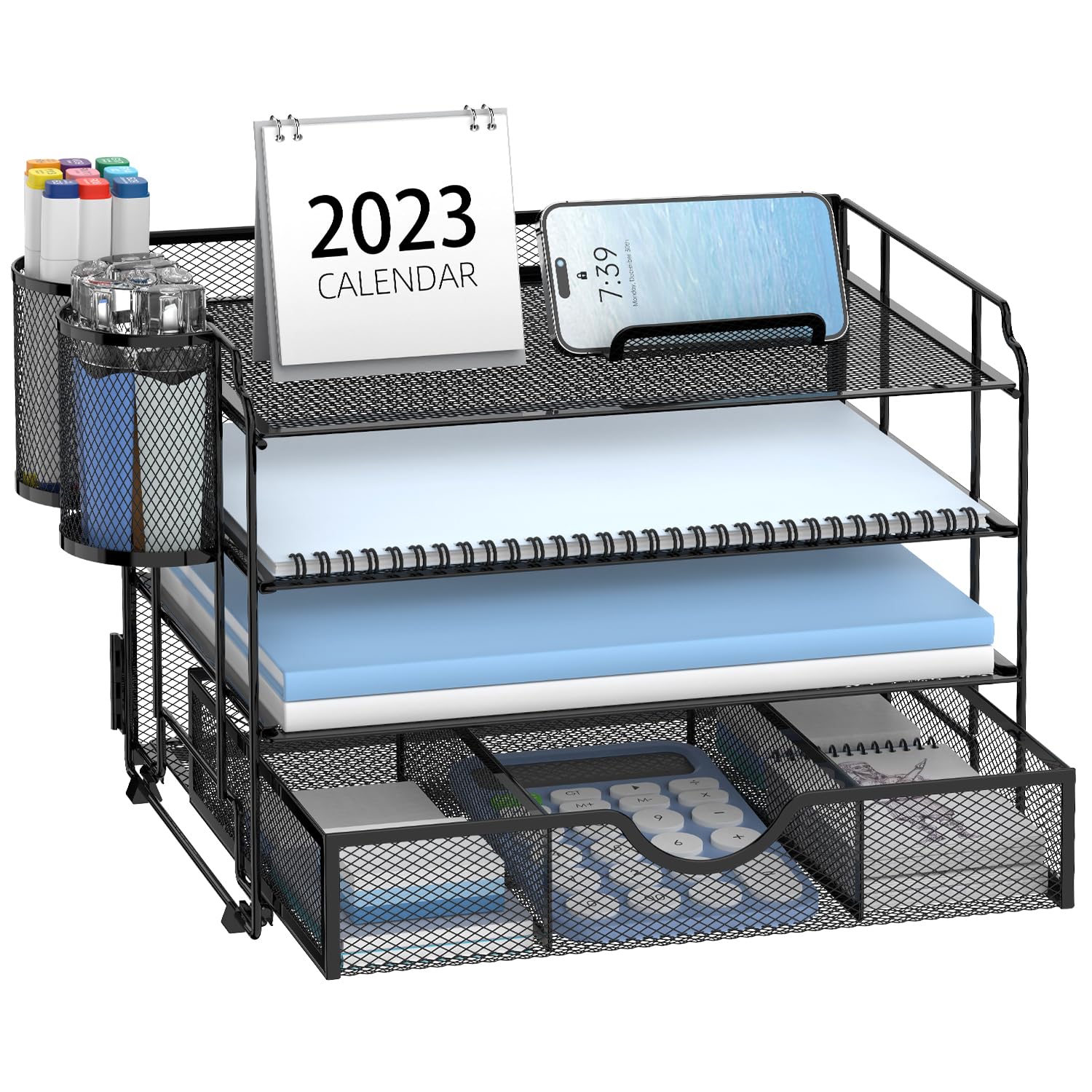 DALTACK Mesh Desk Organizer, 4 Tier Paper Letter Tray Organizer, Desktop Organizer with Drawer and Pen Holders, Desk Organizers and Accessories for Office Supplies, Black